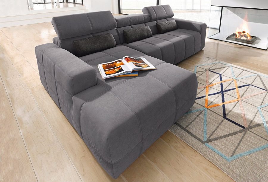 DOMO collection Ecksofa BRANDON 289x177 cm, belastbar bis 140 kg/Sitz, L-Form, mit Sitztiefenverstellung, Luxus-Microfaser, dunkelgrau