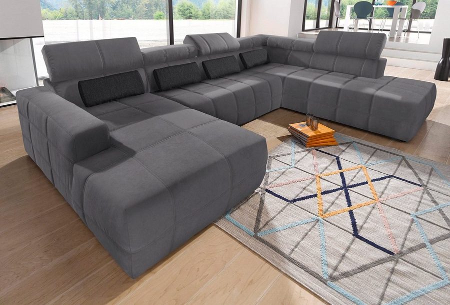 DOMO collection Wohnlandschaft BRANDON belastbar bis 140 kg/Sitz, 359x228 cm, U-Form, mit Sitztiefenverstellung, Luxus-Microfaser, dunkelgrau