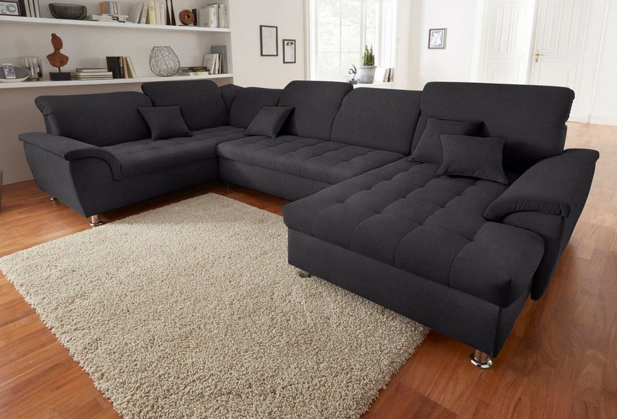 DOMO collection Wohnlandschaft FRANZI mit Kopfteilverstellung, U-Form mit viel Platz, bequem, XXL-Sofa, U-Form, belastbar bis 140kg/Sitz, graphite, Breite: 352cm