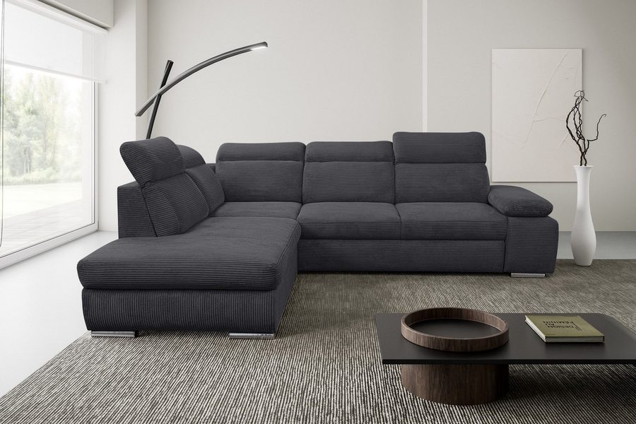 WERK2 Ecksofa Alicante 280 x 230 cm L-Form, Bett und Bettkasten, Kopfteilverstellung, Cord, L-Form, XXL, Schlaffunktion, Bettkasten