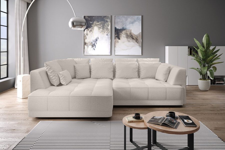 WERK2 Ecksofa Tiga 207 x 286 cm modern & bequem, elektrisch verstellbare Sitztiefe, Struktur weich, L-Form, elektrische Sitztiefenverstellung