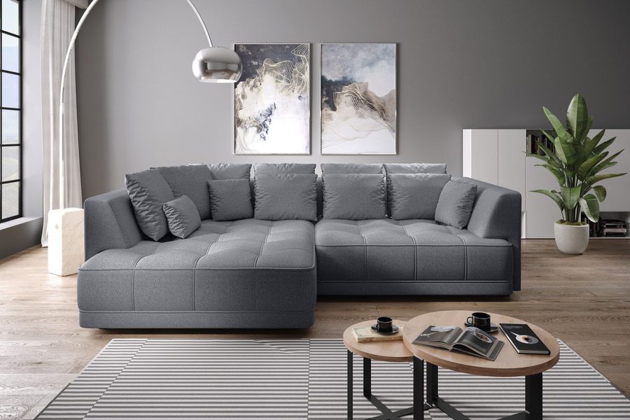 WERK2 Ecksofa Tiga 207 x 286 cm modern & bequem, elektrisch verstellbare Sitztiefe, Struktur weich, L-Form, elektrische Sitztiefenverstellung