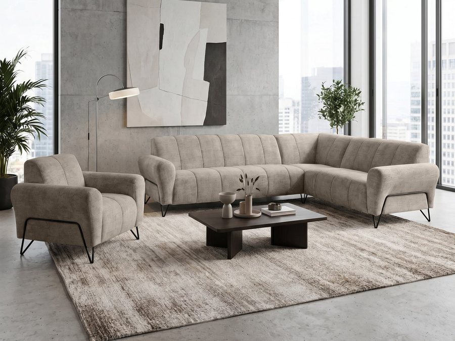 Beautysofa Polstergarnitur im modernen Stil auf hohen Metallbeinen VOLARE, (Sofagarnitur aus Chenille-Stoff, Beige Grau, Ecksofa L + Sessel Set moderne Couchgarnitur), HR-Schaum, Wellenfederung, freistehend