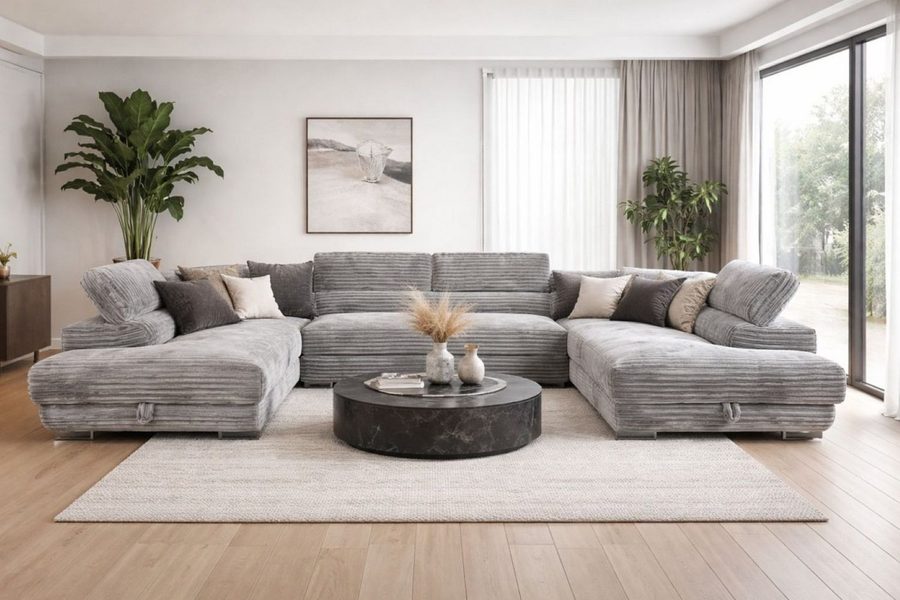 Labett Wohnlandschaft mit Schlaffunktion & Bettkasten GUSTAVO U-Form Sofa aus Cord