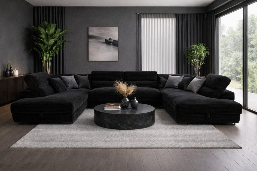 Labett Wohnlandschaft mit Schlaffunktion & Bettkasten GUSTAVO U-Form Sofa aus Cord