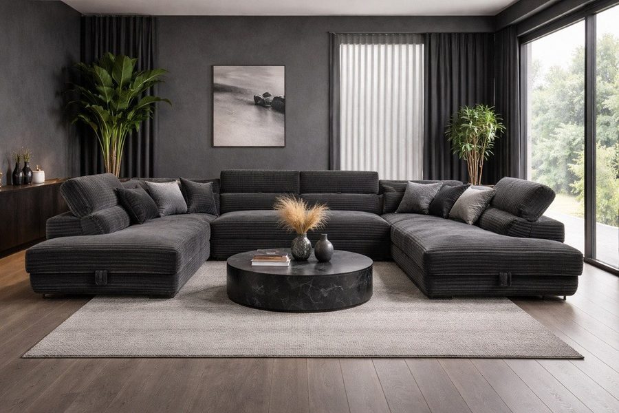 Labett Wohnlandschaft mit Schlaffunktion & Bettkasten GUSTAVO U-Form Sofa aus Cord