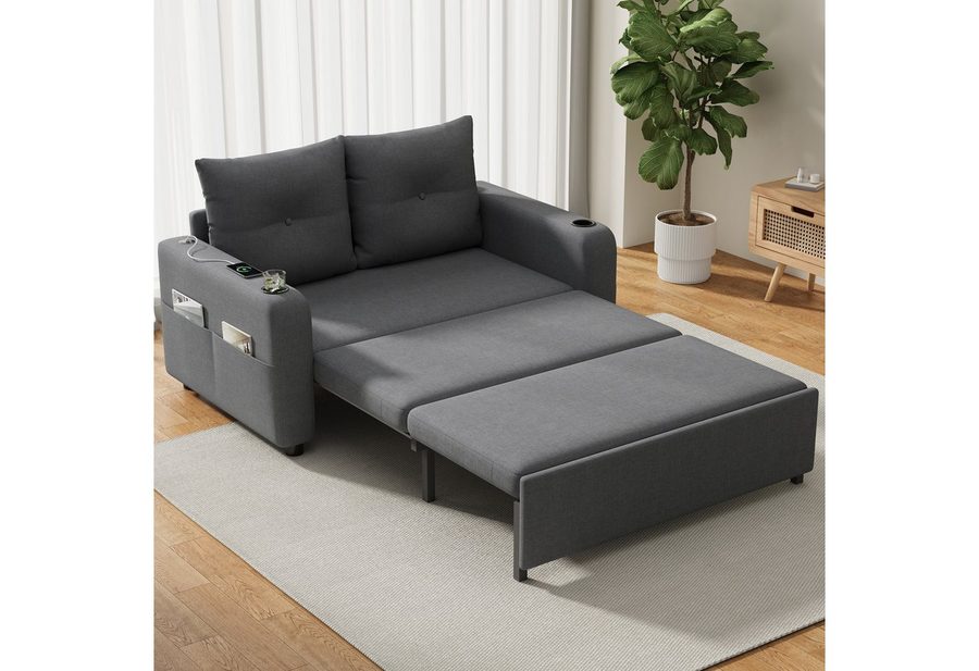 Merax Schlafsofa 3-in-1 Sofa mit ausziehbarem Bett und USB- & Type-C-Anschluss, Modernes Sofa für Wohnzimmer und Schlafzimmer 1 Teile, Doppelsofa Sofabett mit Getränkehaltern, Seitentaschen & Rückenkissen von Merax