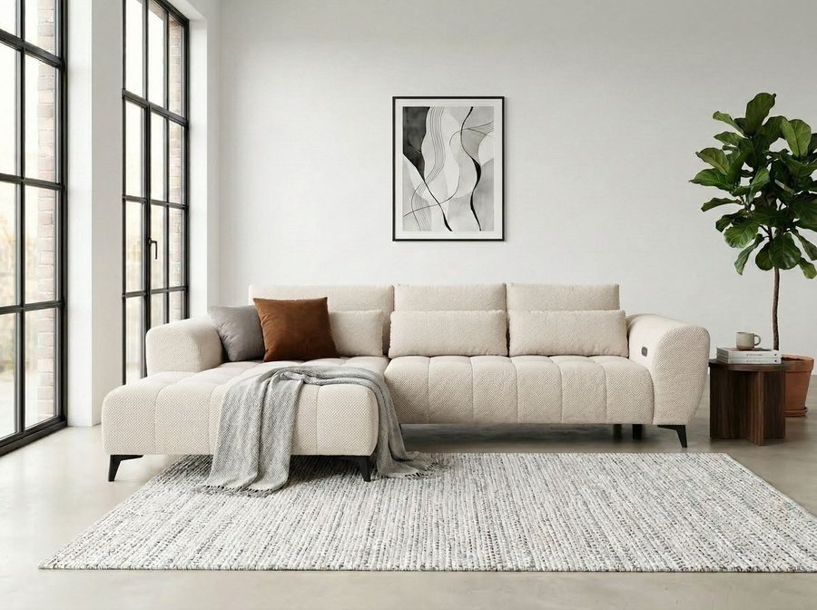 WERK2 Ecksofa Garay 287 x 220 cm elektr. Sitztiefenverstellung, bodenfrei, bequem, Waffelcord, L-Form, XXL, elektrische Sitztiefenverstellung
