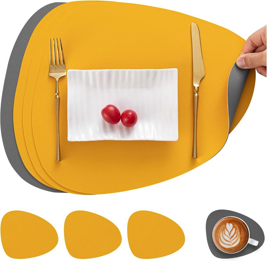 Rhein Beleuchtung Platzset Tischsets und Untersetzer aus Leder, doppelseitig(Graugelb, 4er-Set), (Set, 4-St., tischsets platzsets abwaschbar, tischset leder, tischmatte), Hitzebeständig, wärmeisolierend, rutschfest, beidseitig verwendbar von Rhein Beleuchtung