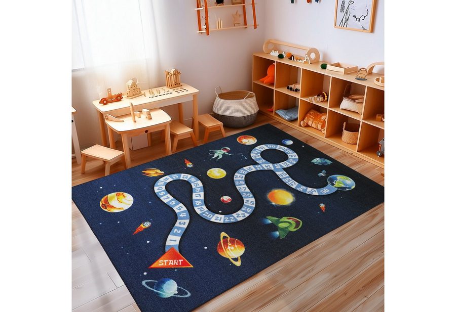 Carpettex Kinderteppich Weltraum Design, Rechteckig, Höhe: 7 mm, Teppich Kinderzimmer MarineWeltraum Design Rutschfest Waschbar von Carpettex