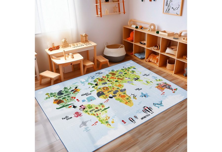 Carpettex Kinderteppich Weltkarte mit Tierdesign, Läufer, Höhe: 7 mm, Kinderteppich Weltkarte mit Tierdesign Teppich Kinderzimmer Rutschfest von Carpettex