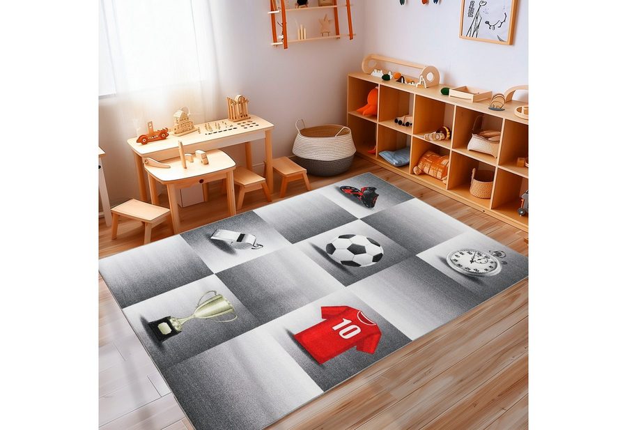 Carpettex Kinderteppich Fußball-Design, Rechteckig, Höhe: 7 mm, Kinderteppich Fußball-Design Teppich Kinderzimmer Rutschfest Waschbar von Carpettex