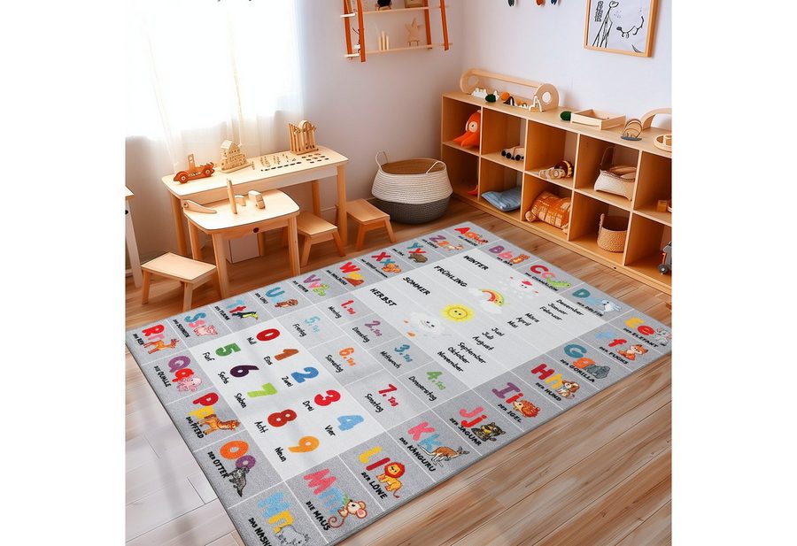 Carpettex Kinderteppich Alphabet - Buchstaben - Zahlen - Tiere, Rechteckig, Höhe: 7 mm, Teppich Kinderzimmer Alphabet-Buchstaben Rutschfest Waschbar von Carpettex