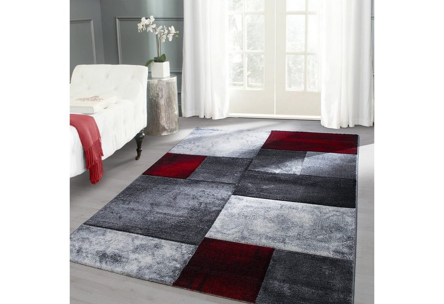 Carpettex Frisé-Teppich Kariert Design, Läufer, Höhe: 13 mm, Wohnzimmer Teppich Rot Kurzflor Konturenschnitt Kariert Design von Carpettex