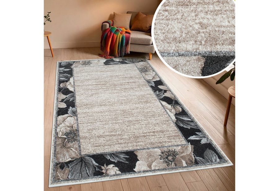 OTTO home Teppich Florent mit Rahmen, Blumen Design, rechteckig, Höhe: 9 mm, Floral, detailreiche Blüten, meliert, elegant, Wohnzimmer von OTTO home