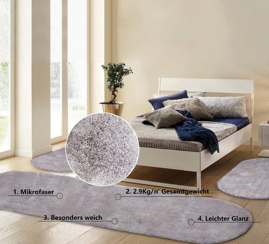 Bruno Banani Hochflor-Bettumrandung Dana Teppich, Kundenliebling, Höhe 30 mm, (3-tlg), unifarben, Mikrofaser, pflegeleicht, Bettvorleger, Schlafzimmer von Bruno Banani