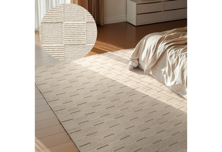 Villeroy & Boch Wollteppich Scala, rechteckig, Höhe: 10 mm, Handgewebt, Wolle, Kariert, Natur, 3D-Struktur, Karo, Wohnzimmer von Villeroy & Boch