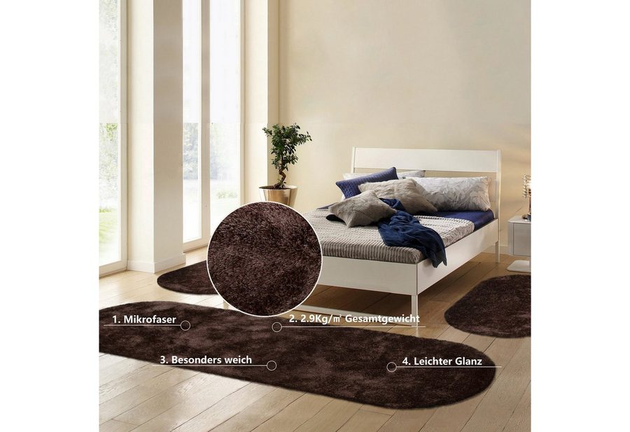Bruno Banani Hochflor-Bettumrandung Dana Teppich, Kundenliebling, Höhe 30 mm, (3-tlg), unifarben, Mikrofaser, pflegeleicht, Bettvorleger, Schlafzimmer von Bruno Banani
