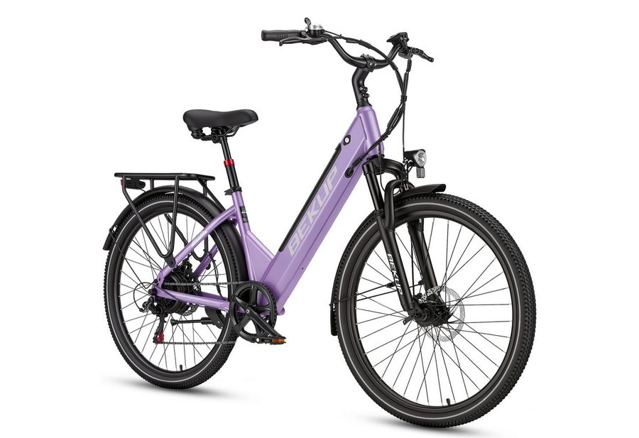 BEKUP E-Bike Cityrad V1 26 Zoll Cityrad Herren u. Damen, 522 Wh Akku, 45 Nm, Tiefeinsteiger, 7 Gang Shimano Shimano Tourney TZ Schaltwerk, Kettenschaltung, Heckmotor, 522 Wh, (Komplettset, E-Bike inklusive Akku und Ladegerät), Entspannt pendeln – bis 120 km, Federgabel und Komfortsattel