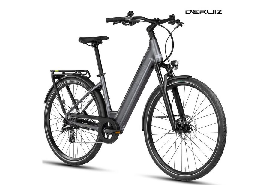 DERUIZ E-Bike Cityrad 28 Zoll Quartz /Quartz SUV 644 Wh, 161 km, Drehmomentsensor, 8 Gang Shimano Shimano Altus RD-M310, 8-Gang Schaltwerk, Kettenschaltung, Heckmotor, 644 Wh, (Federgabel mit Lockout, Drehmomentsensor, Farb-LCD-Display), 60-mm-Federweg, mit mechanischem Lockout, Drehmomentsensor