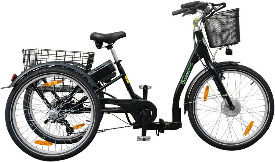 SachsenRAD E-Bike Lastenrad T3A mit Alarmanlage, 7 Gang Shimano Shimano 7-Gang-Kettenschaltung Schaltwerk, Kettenschaltung, Frontmotor, 470 Wh, (LED-Frontlicht, Alarmrücklicht mit Bremslicht, Ledersattel, 3-Räder), Lastenkorb, Lenkerkorb, LCD-Steuer- display, Fahrmodus Pedelec