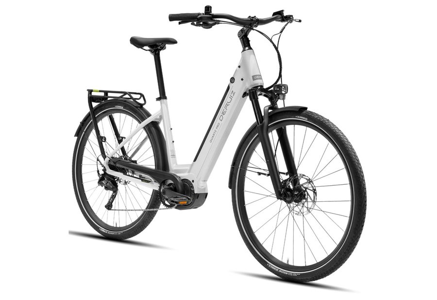 DERUIZ E-Bike Cityrad 28 Zoll Quartz Pro 2026, 100 Nm Mittelmotor, 644 Wh, bis 161 km, 9 Gang SHIMANO Shimano CUES RD-U3020 Schaltwerk, Kettenschaltung, Mittelmotor, 644 Wh, (Drehmomentsensor, Aluminiumrahmen, Elektrofahrrad), Tiefeinsteiger, Mittelmotor, Schwalbe Reifen, Gepäckträger bis 25 kg