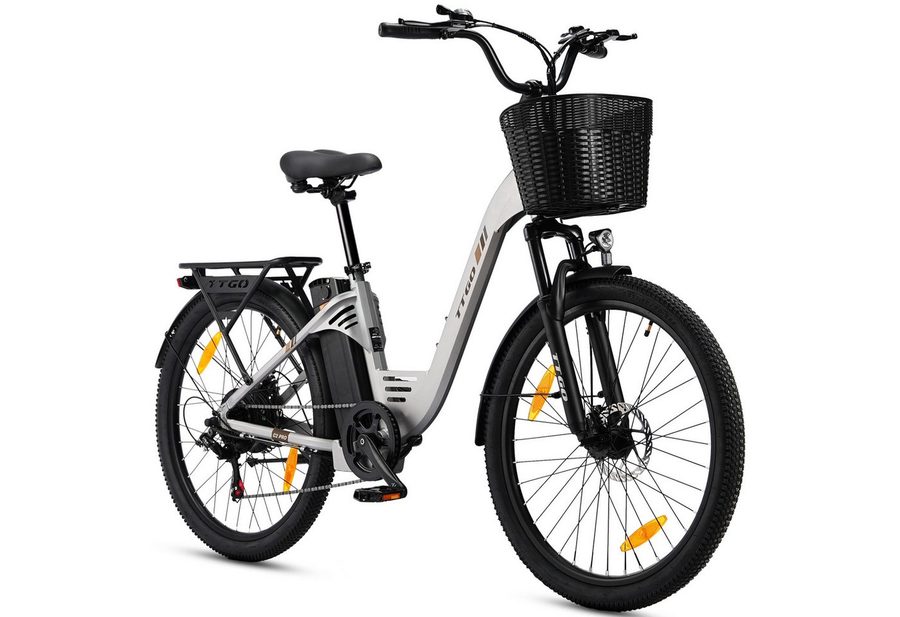 TTGO E-Bike Cityrad 26/28 Zoll, 80-120km, C2/C3, Elektrofahrrad für Damen und Herren, 7 Gang SHIMANO, Kettenschaltung, Heckmotor, 648 Wh, (5 Stufen, Pedelec, bis zu 125kg, für ca. 160–185cm), Farbdisplay, Frontkorb, Gepäckträger, Elektrofahrrad für Damen Herren