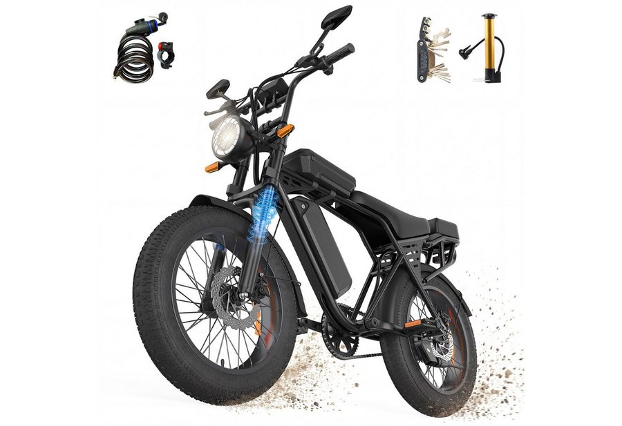 PixelPilot E-Bike Mountainbike X5 20 Zoll Fatbike 48 V 15 Ah Akku Elektrofahrrad und 4,0 Zoll Reifen, 1 Gang, Heckmotor, 720 Wh, (Packung)