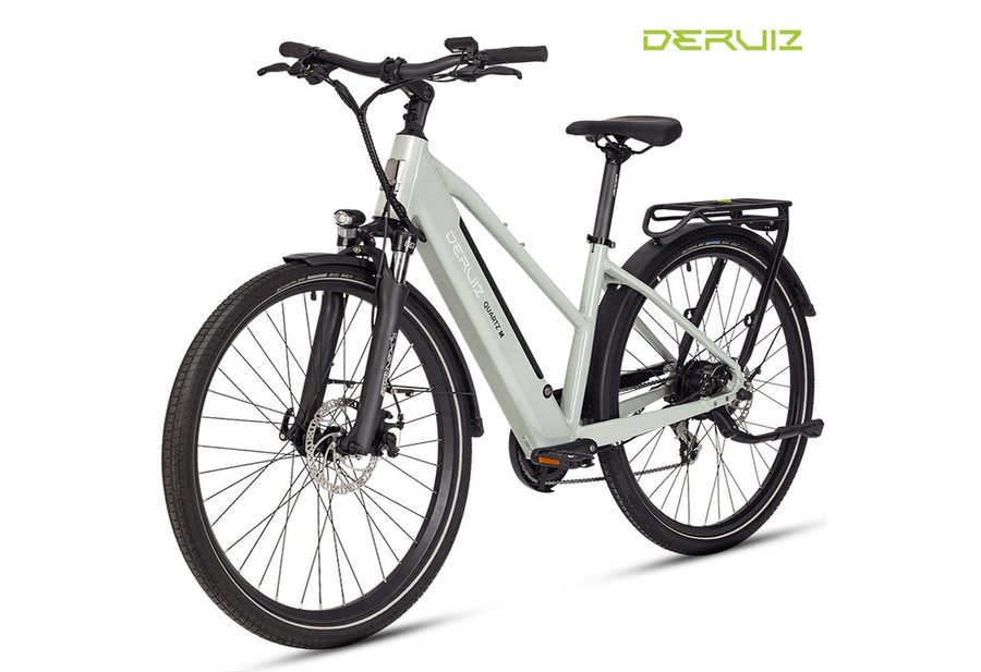 DERUIZ E-Bike Cityrad Quartz M 250W 55 Nm Drehmomentsensor, bis 25 km/h,121 km, 8 Gang Shimano Altus RD-M310 Smart Schaltwerk, Heckmotor, 483 Wh, Trapezrahmen, 60-mm-Federweg, mit mechanischem Lockout
