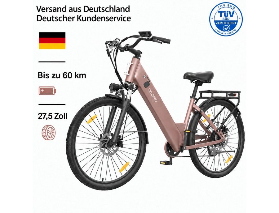 PIXAR E-Bike Cityrad Velopro C1 27,5 Zoll City Elektrofahrrad, 36 V 13 Ah Akku, 7-Gang, 7 Gang, Heckmotor, 468 Wh, Multifunktions-LCD, 250W Heckmotor, Gepäckträger