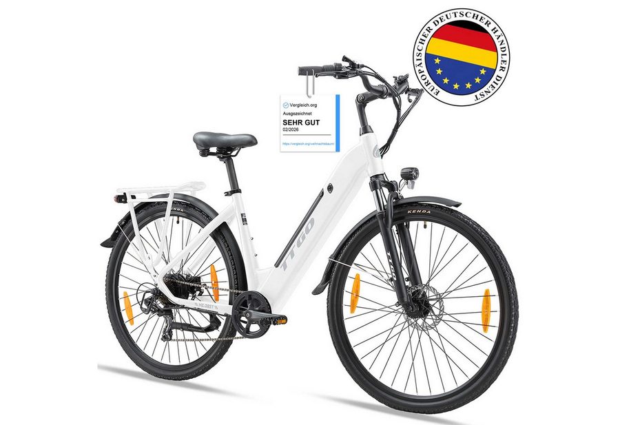 TTGO E-Bike Cityrad HZ-28TS 28 Zoll mit Aluminium-Tiefenrahmen und Gepäckträger, Kettenschaltung, Heckmotor, 720 Wh, Elektrofahrrad E-bikes Schaltwerk, Citybike mit Scheibenbremse