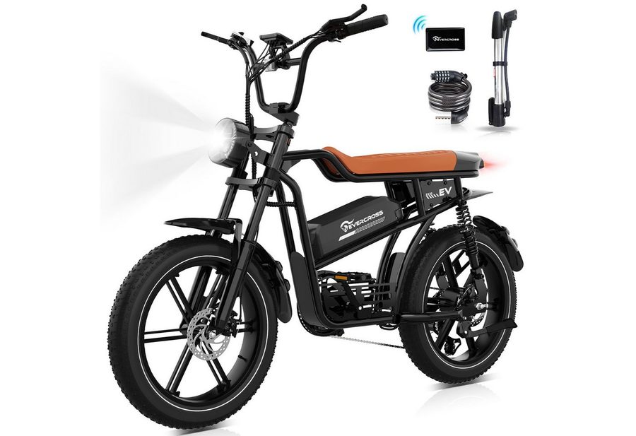 EVERCROSS TECH E-Bike 20” x 4,0 fette Reifen MTB, 48V 15,6AH Removable Battery, NFC, Heckmotor, 748,8 Wh, 100km, 7 Gang Shimano, Kettenschaltung, Heckmotor