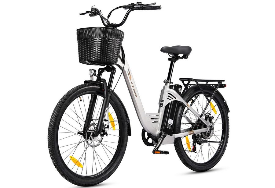 TTGO E-Bike Cityrad 26 Zoll Elektrofahrrad, 80-120km, mit Frontkorb und Gepäckträger, 7 Gang SHIMANO, Kettenschaltung, Heckmotor, 650 Wh, (bis zu 125kg, für ca. 160–185cm), 5 Stufen, Farbdisplay, Aluminiumrahmen, Federgabel, für Damen Herren