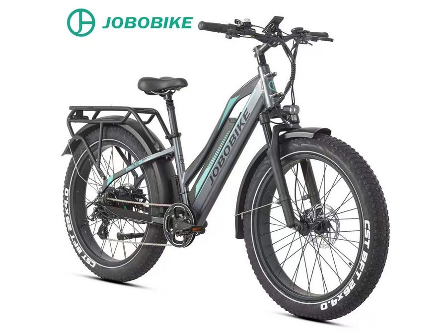 JOBOBIKE E-Bike Mountainbike 26 Zoll, 4'' Fatbike-Reifen mit Pannenschutz, für Outdoor-Abenteuer, 7 Gang Shimano, Kettenschaltung, Heckmotor, 840 Wh, (5 Stufen, LCD-Farbdisplay, Bremslicht- und Blinker), 180km, Gefederte Sattelstütze, MTB, Elektrofahrrad für Damen Herren