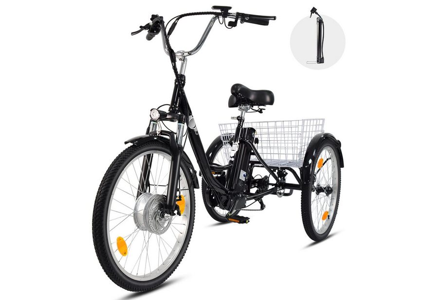 Vankel E-Bike Cityrad Damen u. Herren Elektro-Dreirad 24 Zoll 250W 648Wh 100km 3-Rad Pedelec, Kettenschaltung, Heckmotor, 648 Wh, (Beleuchtungsset mit Batterieladegerät, Batterieschlüssel, Werkzeug), Shimano 7-Gang Vorderradmotor Federgabel Cargobike 120kg Traglast
