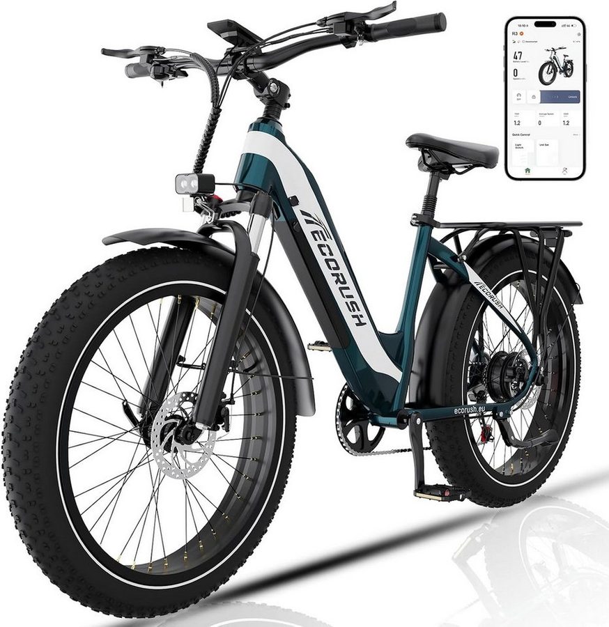 ECORUSH E-Bike Mountainbike 26*4,0 Zoll Elektrofahrrad 48V20Ah bis zu 150km, 7 Gang shimano shimano Schaltwerk, Kettenschaltung, Heckmotor, 960 Wh, Pedelec MTB E Mountainbike für Damen u. Herren
