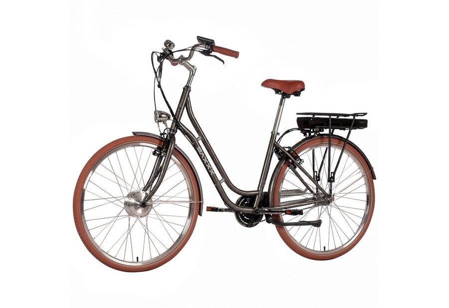 SAXXX E-Bike Cityrad 28 Zoll, bis zu 90km, Elektrofahrrad mit Tiefeinstieg, RH: 45 cm, 3 Gang Shimano Nexus Schaltwerk, Nabenschaltung, Frontmotor, 374 Wh, (max. 130kg, V-Bremse, Trekkingrad, mit Gepäckträger), 95% vormontiert, Pedelec, E-Citybike, Elektrofahrrad für Damen Herren