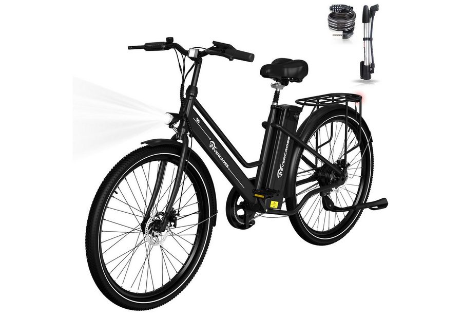 EVERCROSS TECH E-Bike Cityrad für Pendler,26-Zoll-Elektrofahrrad,36V 15,6AH Lithiumbatterie, Heckmotor, 561,6 Wh, 90Km, 1 Gang,E-Citybike mit Schloss, Pumpe