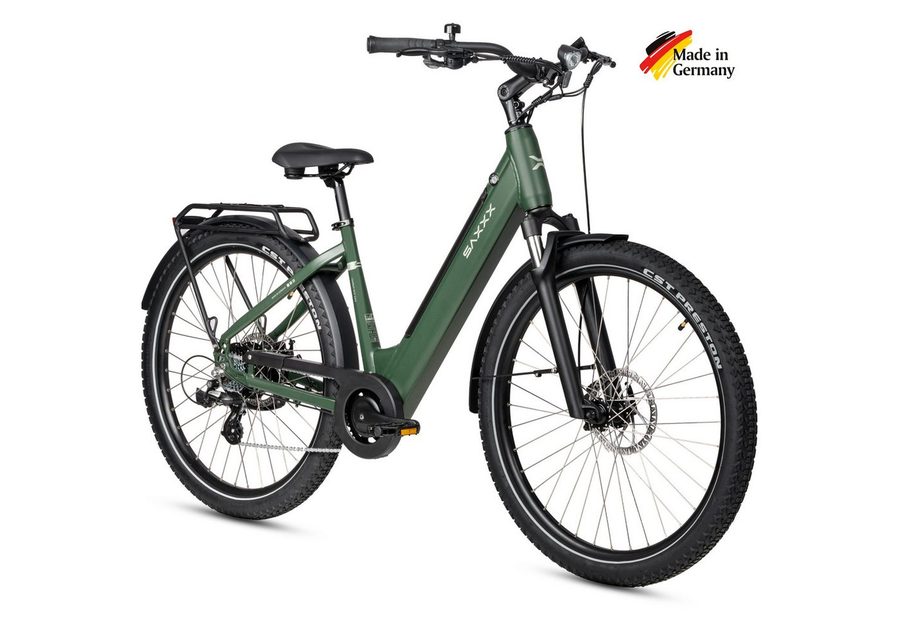 SAXXX E-Bike Cityrad Damen und Herren 28x2,35", SAXXX SUV, 468Wh, 120 km, 95 % vormontiert, 7 Gang SHIMANO Altus Schaltwerk, Kettenschaltung, Hinterradmotor, 468 Wh, (mit Tiefeinstieg, mit Gepäckträger, abnehmbarer Akku), 250W Heckmotor, Pedelec E-Citybike, Elektrofahrrad mit 45cm Rahmenhöhe