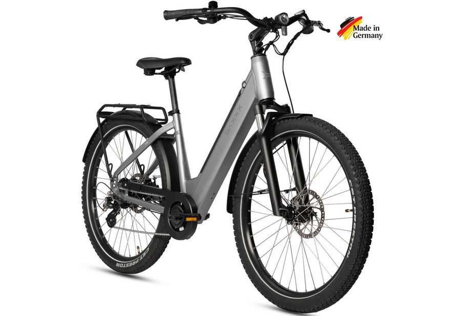 SAXXX E-Bike Cityrad Damen und Herren 28x2,35", SAXXX SUV, 468Wh, 120 km, 95 % vormontiert, 7 Gang SHIMANO Altus Schaltwerk, Kettenschaltung, Hinterradmotor, 468 Wh, (mit Tiefeinstieg, mit Gepäckträger, abnehmbarer Akku), 250W Heckmotor, Pedelec E-Citybike, Elektrofahrrad mit 45cm Rahmenhöhe