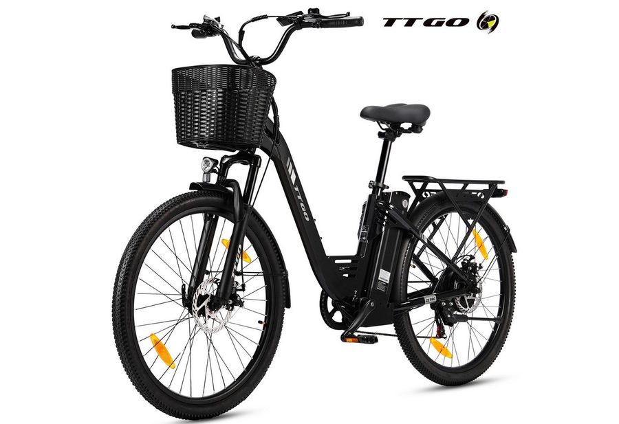 TTGO E-Bike Cityrad 26 Zoll, 650Wh, 120km, Federgabel, mit Frontkorb und Gepäckträger, 7 Gang SHIMANO, Kettenschaltung, Heckmotor, 650 Wh, (5 Stufen, Pedelec, bis zu 125kg, für ca. 160–185 cm), Farbdisplay, Aluminiumrahmen, Elektrofahrrad für Damen Herren