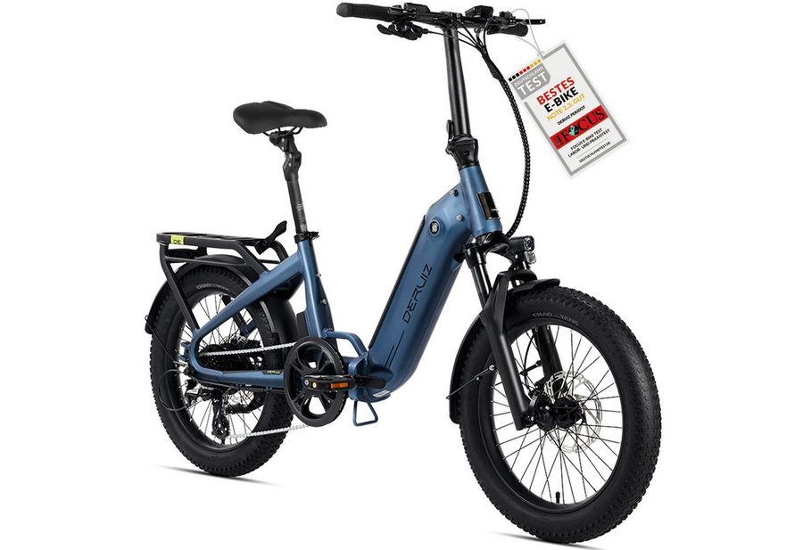 DERUIZ E-Bike Klapprad Peridot 20 × 3 Zoll, bis 143 km, Bluetooth und App, 8 Gang SHIMANO SHIMANO ALTUS 11-32T Schaltwerk, Kettenschaltung, Heckmotor, 500 Wh, (mit Akku-Ladegerät mit Werkzeug), Federsattelstütze