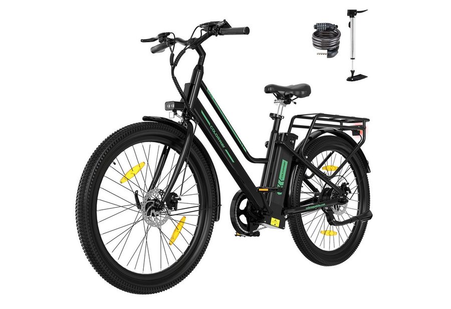 COLORWAY E-Bike Cityrad 27,5 Zoll Citybike bis zu 100 km Reichweite, Tiefeinsteiger, 1 Gang, Kettenschaltung, Heckmotor, 432 Wh