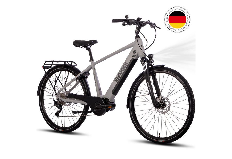 SAXXX E-Bike Trekkingrad 28 Zoll, 90 Nm Mittelmotor, bis zu 110 km Reichweite, 10 Gang SHIMANO Deore Schaltwerk, Mittelmotor, 522 Wh, (mit abnehmbarem Akku, zu 95 % vormontiert), mit Gepäckträger bis zu 25 kg, hydraulische Scheibenbremsen