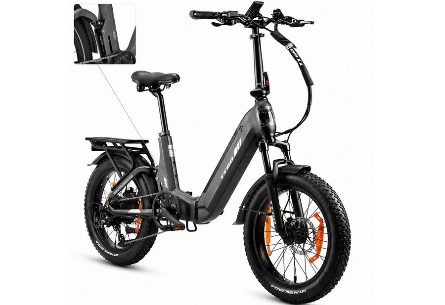 TTGO E-Bike Klapprad 20 Zoll, Fully, Vollfederung, 70Nm, 3,0'' Fatbike, Lockout-Federgabel, 7 Gang SHIMANO, Kettenschaltung, Heckmotor, 720 Wh, (Softtail, hydr. Scheibenbremse, mit Bremslicht), 120km, Drehmomentsensor, max.150kg, Elektrofahrrad für Damen Herren