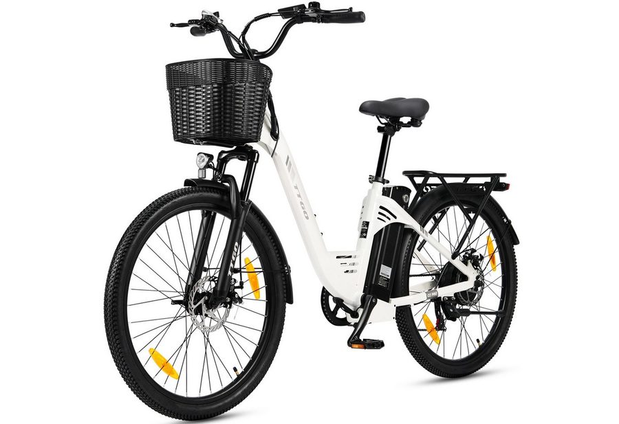 TTGO E-Bike Cityrad 26 Zoll Elektrofahrrad, 80-120km, mit Frontkorb und Gepäckträger, 7 Gang SHIMANO, Kettenschaltung, Heckmotor, 650 Wh, (bis zu 125kg, für ca. 160–185cm), 5 Stufen, Farbdisplay, Aluminiumrahmen, Federgabel, für Damen Herren