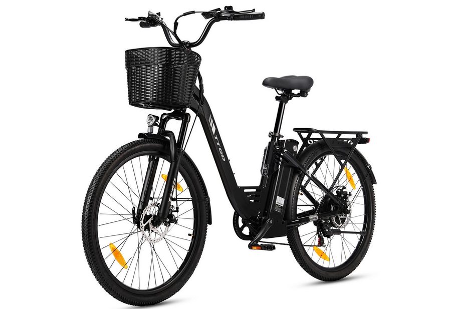 TTGO E-Bike Cityrad 26 Zoll Elektrofahrrad, 80-120km, mit Frontkorb und Gepäckträger, 7 Gang SHIMANO, Kettenschaltung, Heckmotor, 650 Wh, (bis zu 125kg, für ca. 160–185cm), 5 Stufen, Farbdisplay, Aluminiumrahmen, Federgabel, für Damen Herren
