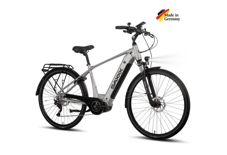 SAXXX E-Bike Trekkingrad 28 Zoll für Damen u. Herren, SAXXX QSD, 540Wh, max. 110km, 130kg, 10 Gang SHIMANO Deore Schaltwerk, Kettenschaltung, Mittelmotor, 540 Wh, (mit Akku-Schlüssel, mit entnehmbarem Akku, mit Gepäckträger), StVZO Pedelec, hydr. Scheibenbremsen, vormontiert zu 95 %