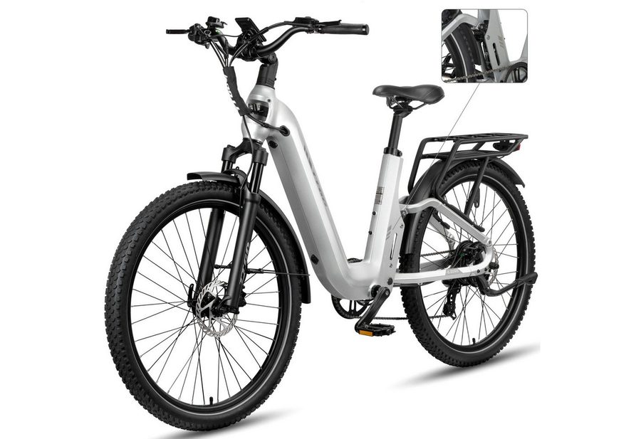 Vankel E-Bike Cityrad 28 Zoll, SUV, Fully, 720Wh bis zu 140km, Drehmomentsensor, Bremslicht, 7 Gang Shimano ARDTY300D Schaltwerk, Kettenschaltung, Heckmotor, 720 Wh, (Softtail, Hydr. Scheibenbremsen, Farb-LCD, Vollfederung), Vollfederung, Elektrofahrrad mit Tiefeinstieg, Trekkingrad