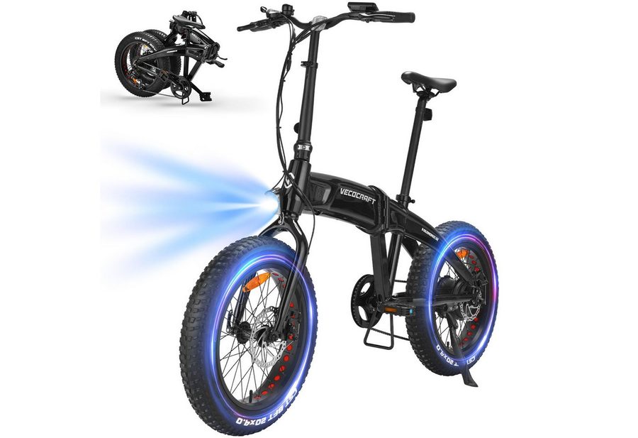 VECOCRAFT E-Bike Faltrad 20*4 Zoll Pedelec,40Nm Klapprad Elektrofahrrad 48V10Ah,Akku bis 85km, 7 Gang Shimano, Kettenschaltung, Heckmotor, 480 Wh, (Tretunterstützung, E-Klapprad, Max.25 km/h), Falt-E-Bike Erwachsene,faltbares Citybike, HUMMER, für Damen und Herren